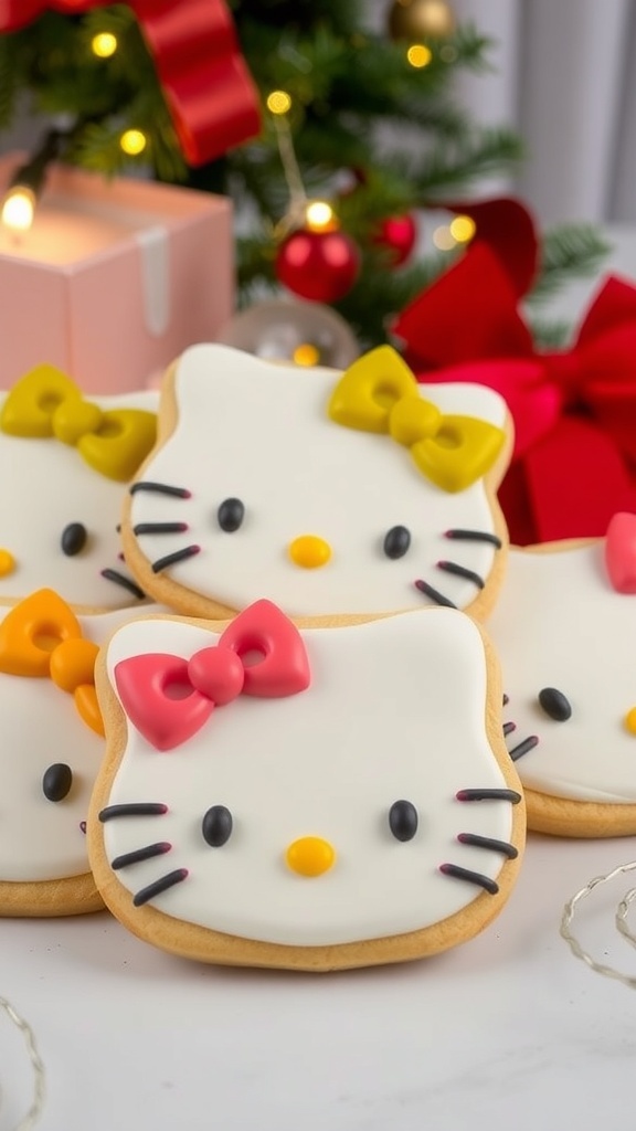 Hello Kitty Christmas Cookies Recipe Decorated Hello Kitty Christmas cookies on a festive table with holiday decorations.